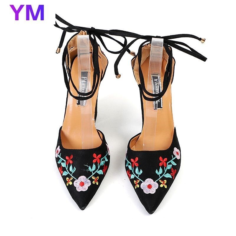 Sandales à talons hauts brodées de fleurs pour femmes, 10cm paires, à lacets, bout pointu, talon carré, chaussures de soirée, grande taille 43
