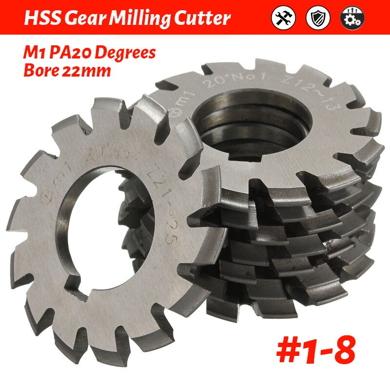Juego de fresa de engranaje involuta, herramientas de corte de engranaje, M1, PA20, diámetro de 22mm, NO.1-NO.8, HSS, 1/8 piezas
