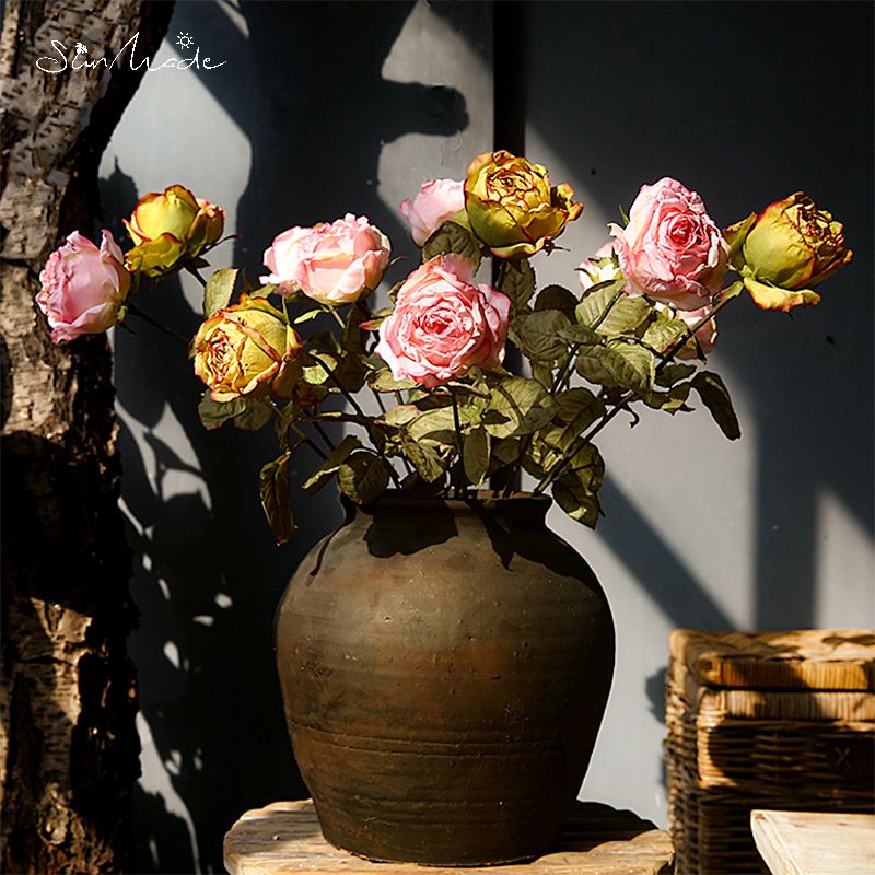 SunMade-Rosas románticas Retro, flores artificiales, decoración para sala de estar, macetas decorativas para boda
