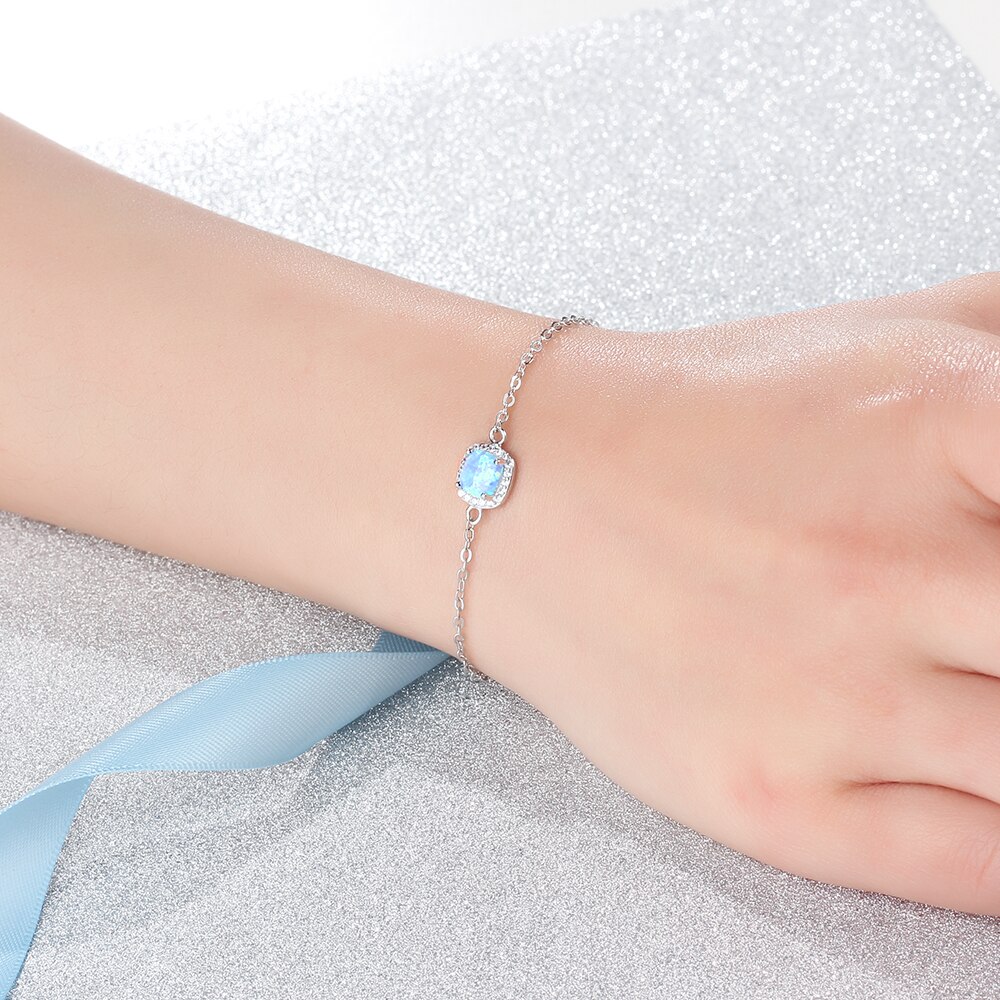 Jewelora 925 Sterling Zilveren Vierkante Gemaakt Blue Opal Armbanden Met Zirconia Chain Armbanden En Armbanden Voor Vrouwen