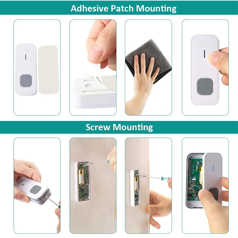 Wireless Smart Doorbell Set IP55 Waterproof Doorbell Electric Door Chime Kit with 55 Chimes&Blue Lights for Home