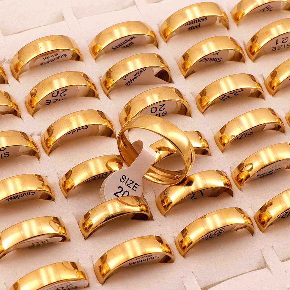 50 Pcs/lot 6mm Classic Golden Stainless Steel Rings Wedding Lover Ring For Men Women Spherical Surface Polished inside