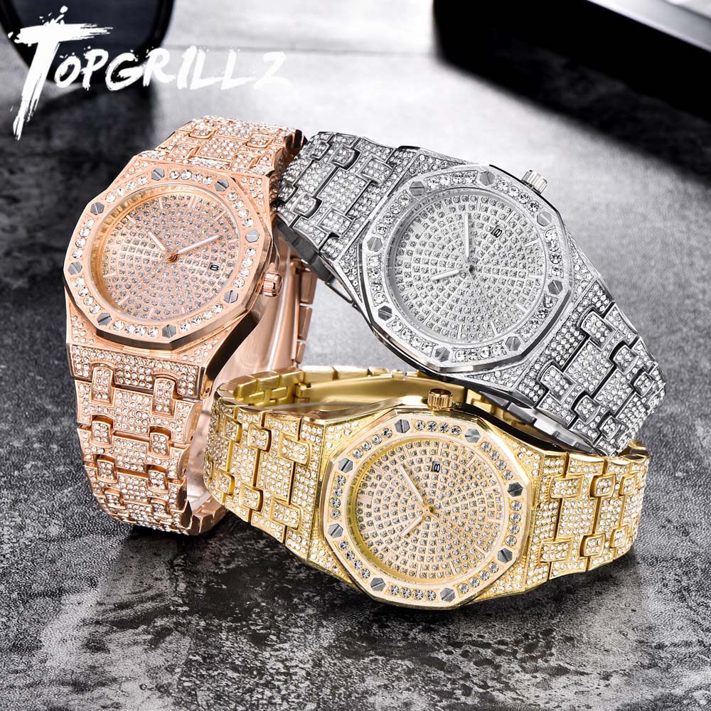 TOPGRILLZ Luxe ICED OUT Horloge Quartz Gouden HIP HOP Horloges Met Micropave CZ Rvs Polsband