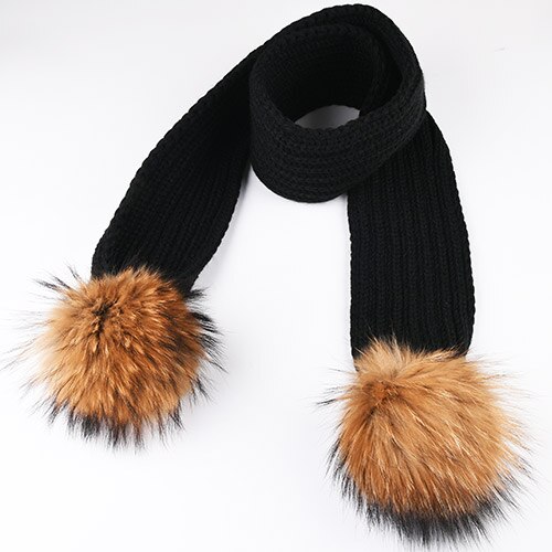 FURTALK – écharpe tricotée à pompon en vraie fourrure pour enfants, pour filles et garçons, CH021: black