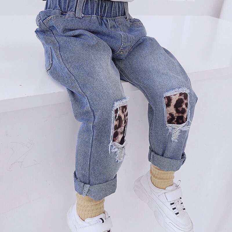 Piger jeans børn leopard mønster jeans forår efterår børn bukser casual bukser baby piger jeans