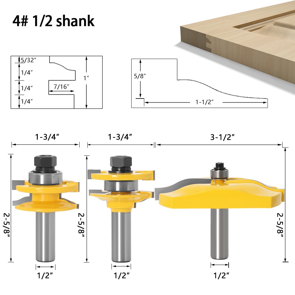 3pcs 1/2" Shank Rail & Stile Ogee Blade Cutter Panel Raised Cabinet Router Bit Set Door Tenon Woodworking Tools: NO4 12.7mm shank