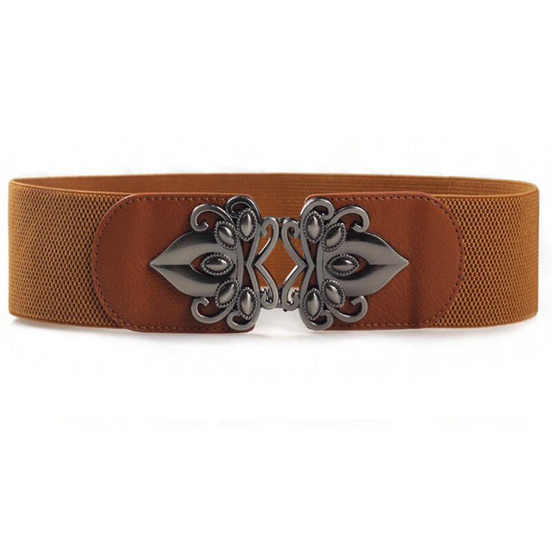 Ceinture élastique large pour femme, ceinture large pour pull et jupe, ceinture cintrée pour robe glrsbuty avec boucle en métal à fleurs, ceinture corset: Brun