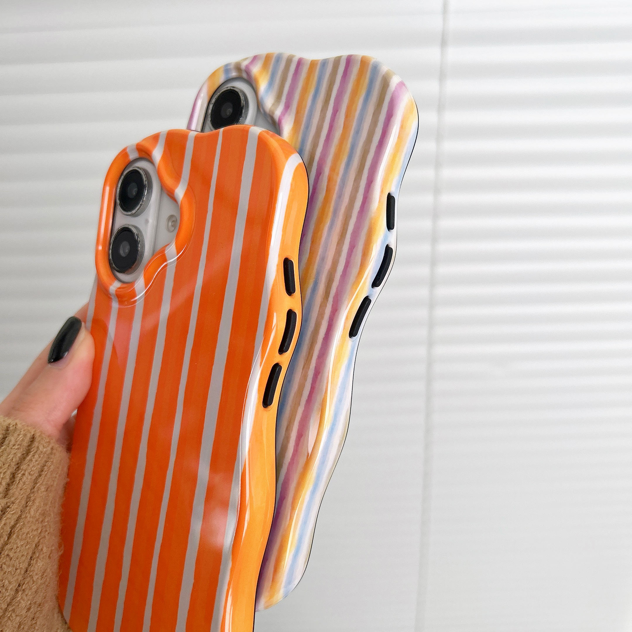 2 in 1 Glossy Stripes Phone Case for iPhone 13 14 15 16 Pro Max Wave Edges Comfortable Touch Hard Slim Back Cover Shell