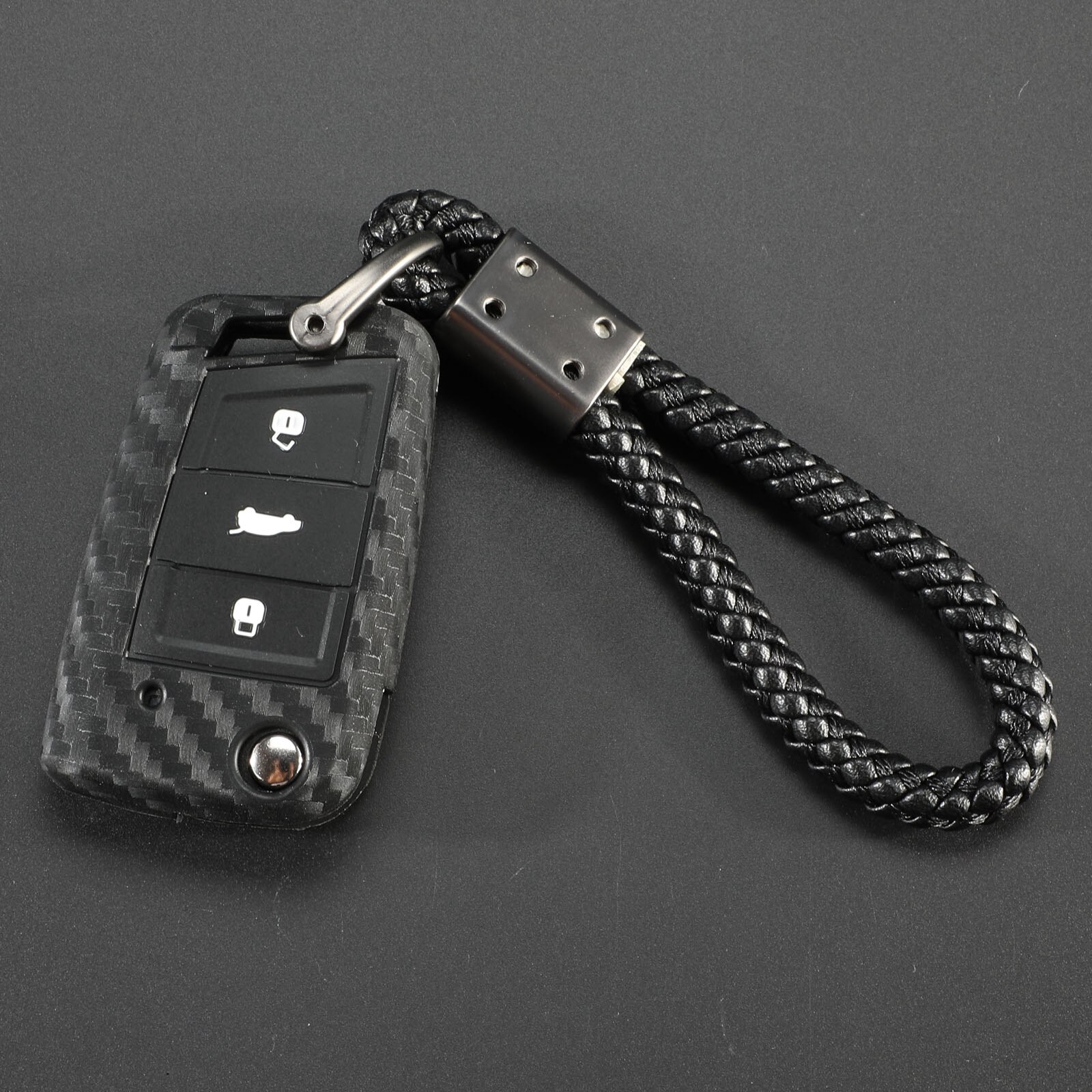 Carbon Silicone Key Case Cover For VW Polo Golf 7 Tiguan Skoda Octavia Karoq SEAT Ateca Leon Ibiza KeyChain Key Ring: v Black  Long braid