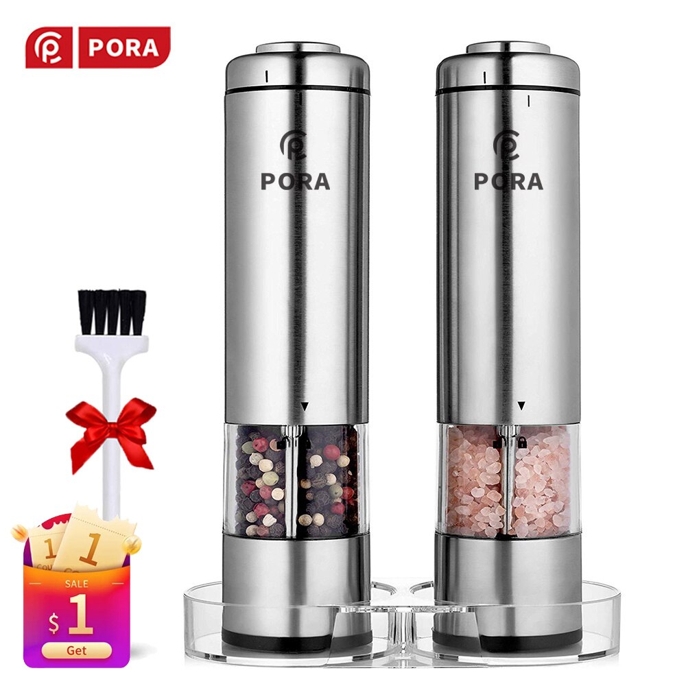 Pora-salt- och pepparshaker med ställ pepparkvarn set rostfritt stål automatisk mjölkvarn för kök elektrisk kryddkvarn