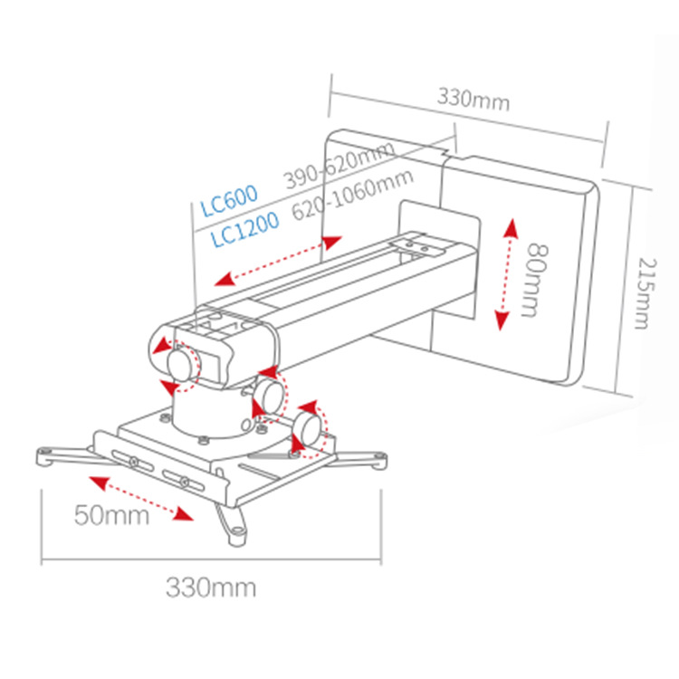 LC600 Aluminum Alloy 360 Degree Projector Wall Mount Full Motion Retractable Universal Projector Hanger Bracket