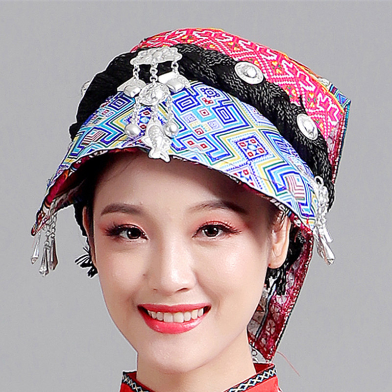 Hmong Miao Dance Hat For Women Traditional Clothing Hats With Tassel Accessories Festival Performance Headwear Vintage Headdress