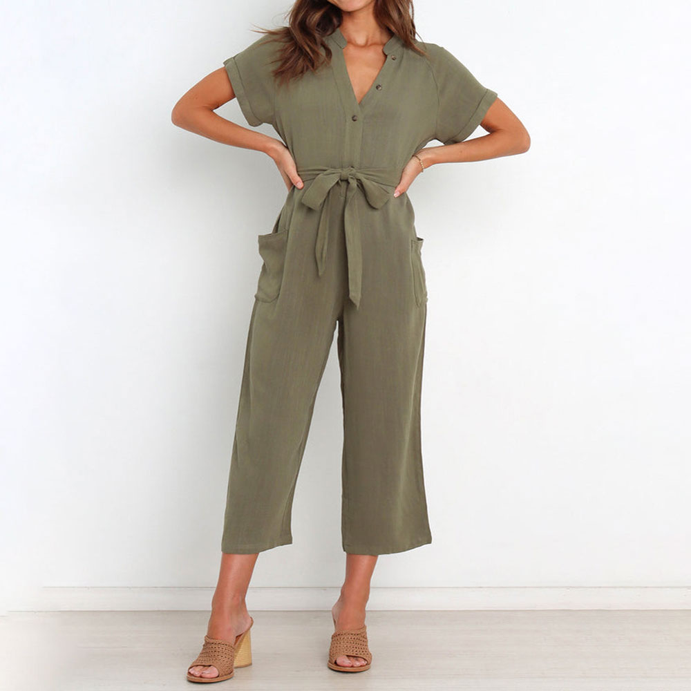 Women's Summer Jumpsuit Short Sleeve V Neck Loose Fit Tie Waist Overall Pants Woman's Costume with Pockets Wide Leg: Army Green / XL