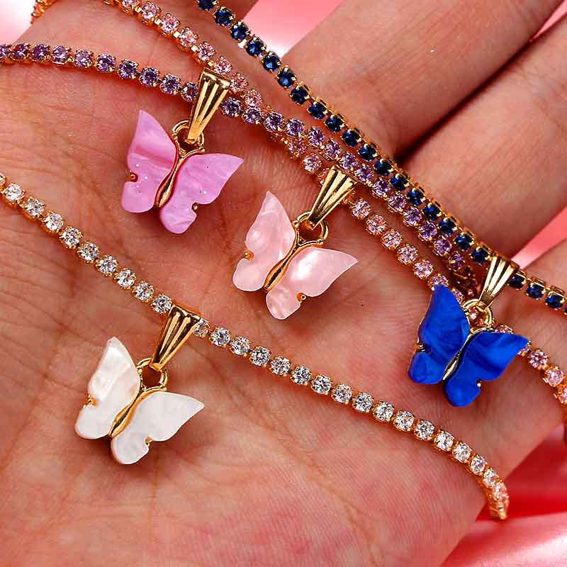 Luxury Bling Cubic Zirconia Choker Necklace for Women Multicolor Acrylic Butterfly Pendant Necklaces Party Jewelry