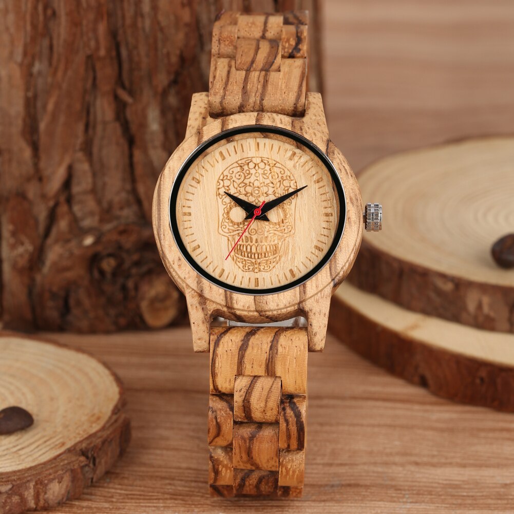 Atractivo reloj de madera de cuarzo para mujer, correa de madera con patrón de esqueleto, reloj de pulsera de cuarzo, para mujer