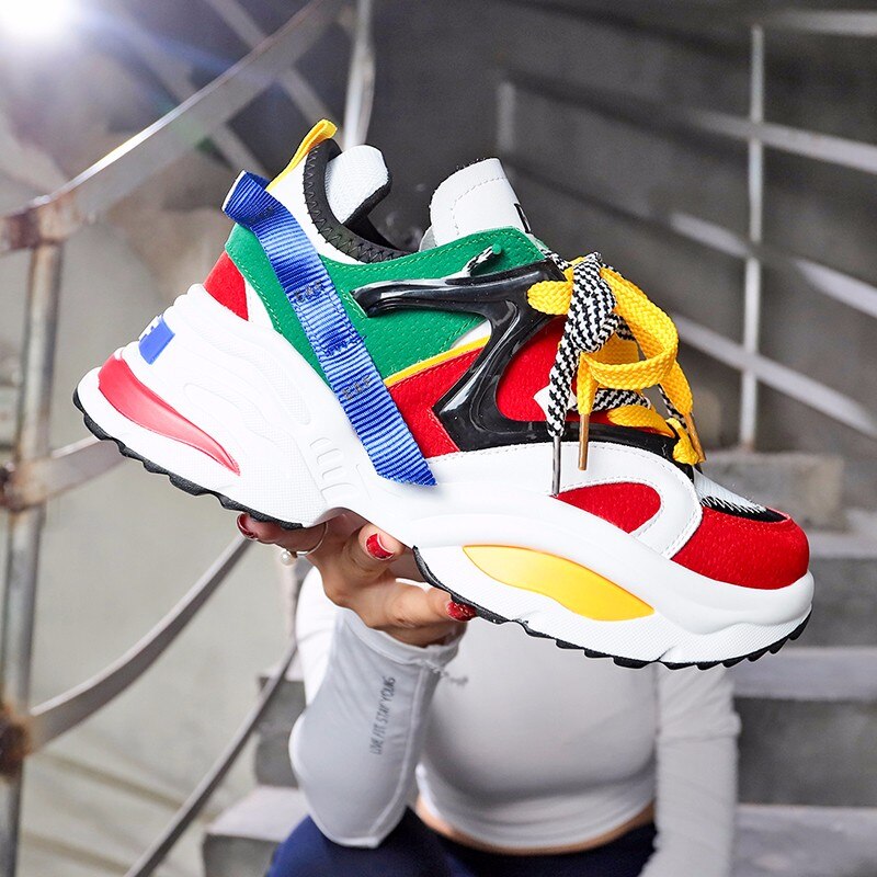 Women's Platform Sneakers - 6cm Height Increasing - Colored Ribbons - Lightweight Running Shoes