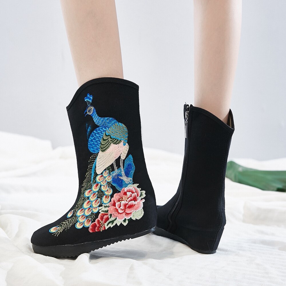 Veowalk Pailletten Pauw Geborduurde Vrouwen Katoen Korte Laarzen Verborgen Wedge Platform Comfortabele Herfst Schoenen Voor Dames: 6