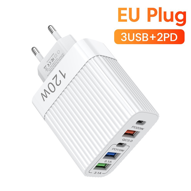PD 120W GaN Cargador rápido 3,0 EE. UU. UE enchufe viaje portátil 5 puertos USB tipo C carga rápida adecuado para Android Ios iPhone Xiaomi: IL