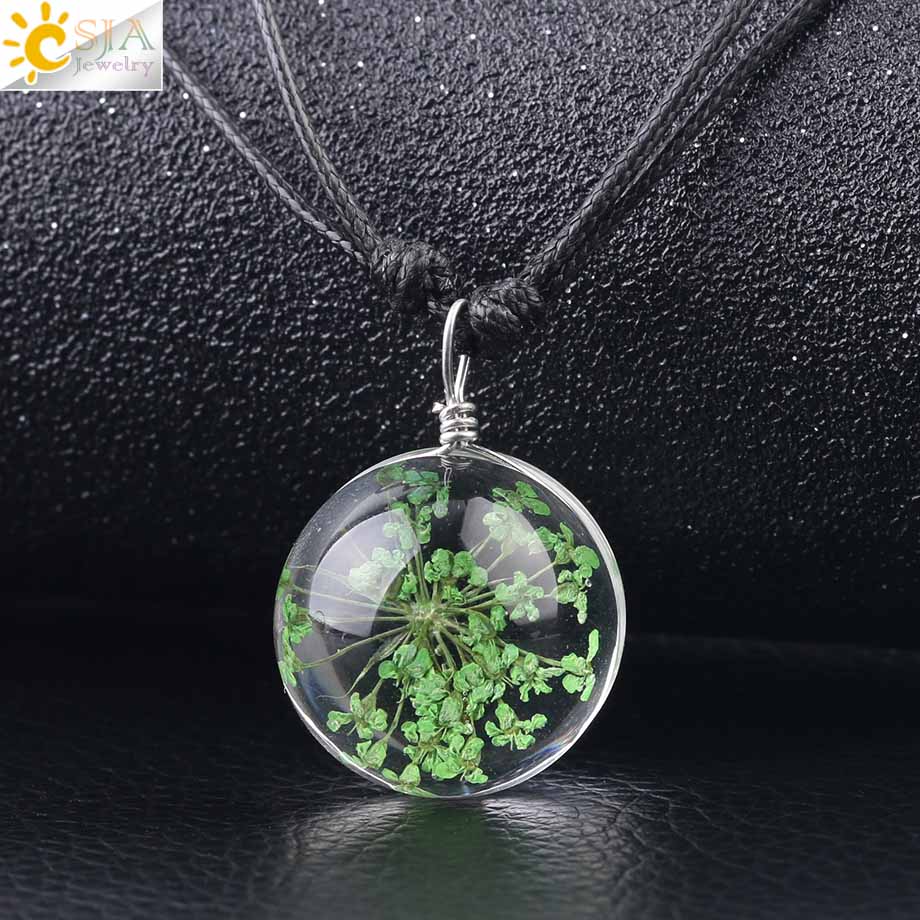 CSJA Decorativo di Modo di Fiori Secchi Collane & Pendenti con gemme e perle di Vetro Palla A Secco Pianta Pendente Corda di Cuoio per le Donne di Fascino Dei Monili F586: Green
