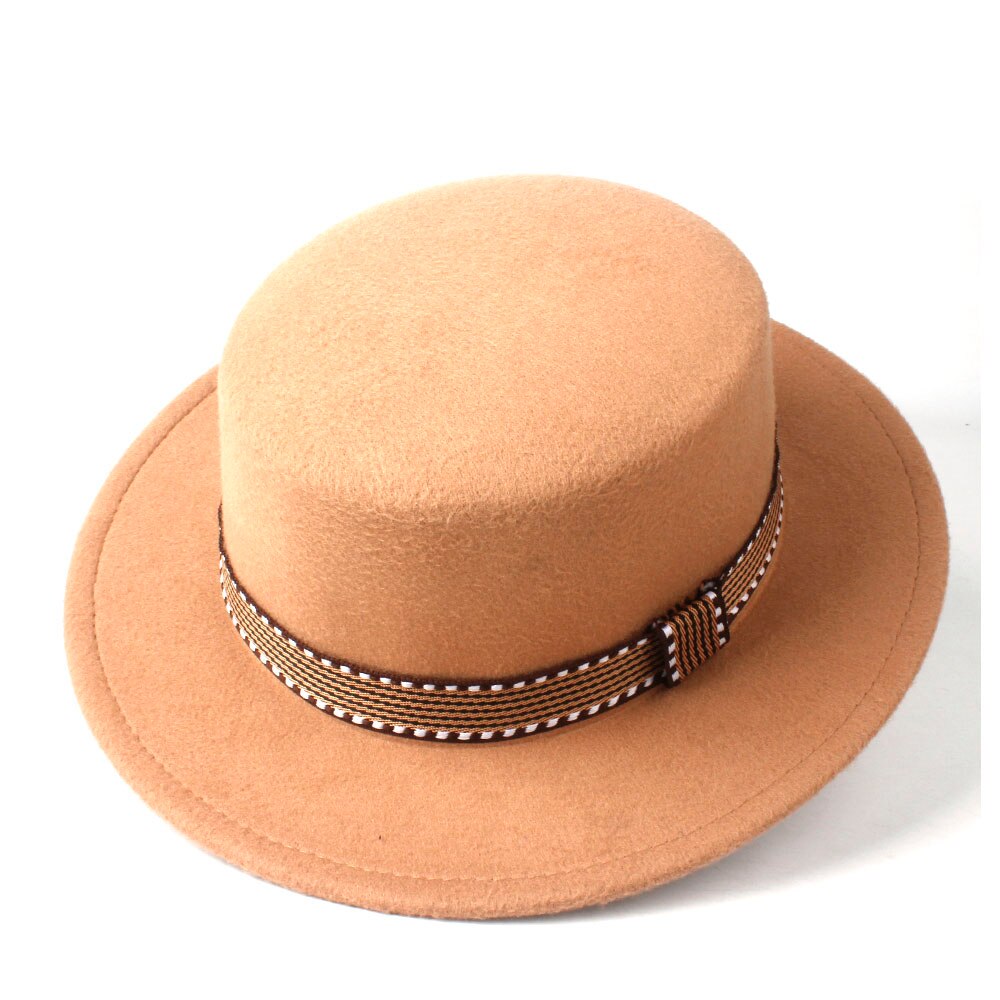 Men Women Flat Fedora Top Hat With Belt Wool Trilby Hat Pork Pie Hat Jazz Hat Size 56-58CM: Khaki
