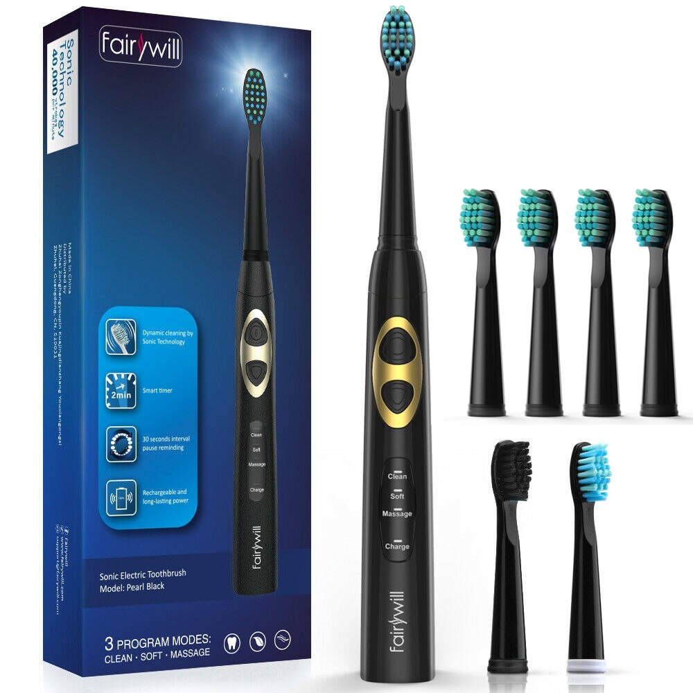 Fairywill Electric Sonic Rechargeable FW-917 Toothbrush USB Fast Charge Waterproof Electronic Tooth Replacement 3 Heads For Adu: 917Black.FW02