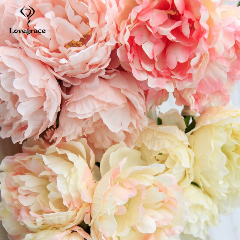 Lovegrace Pioen Boeket Bruid Bruiloft Boeket Kunstmatige Bloem 5 Hoofden Zijde Pioen Bruidsmeisje Bruidsboeketten Thuis Decor