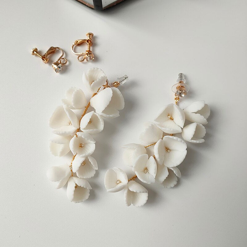 Handmade Bride Headpiece biżuteria ceramiczna kwiatowa do włosów grzebień zestaw klipów wsuwka ślubne ślubne akcesoria do włosów: AH534 Earring