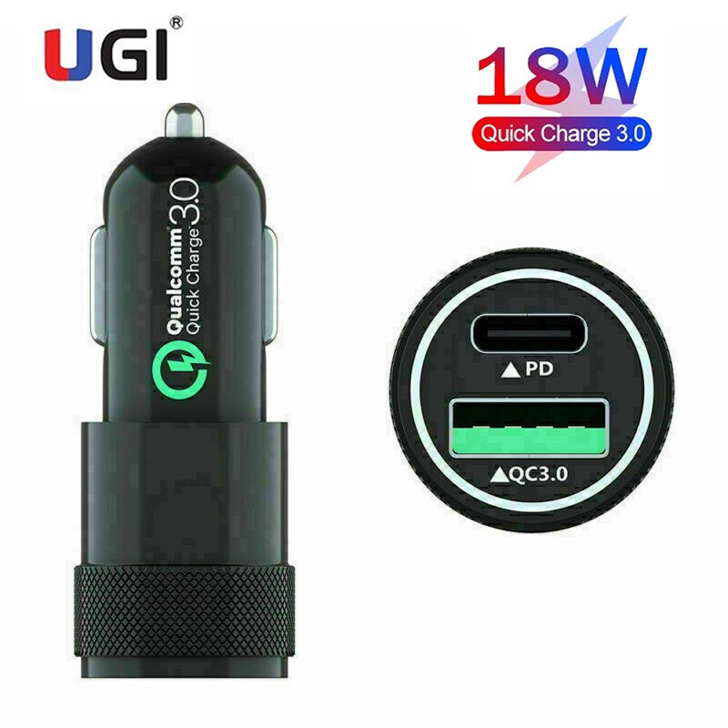 Ugi Usb Autolader Quick Lading Qc 3.0 Pd Type C Usb C 18W Snel Opladen Adapter Micro Usb 2 Poort Voor Iphone Samsung Huawei Htc