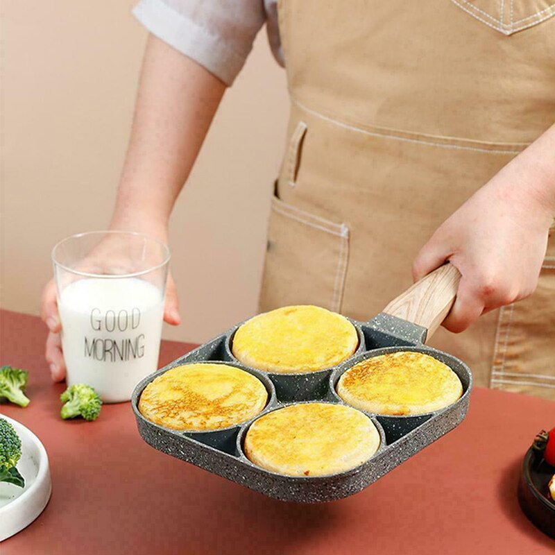 Poêle à omelette 4 trous pour œufs de Burger machine à crêpes jambon manche en bois marmite antiadhésive cuisson petit déjeuner cuisine omelette Pot