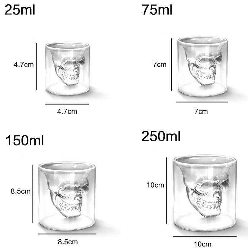 4 Sizess Skull Cup Shot Glass Transparent Cup Crystal Skull Head Glass Cup for Whiskey Wine Vodka Bar Club Beer Wine Glass