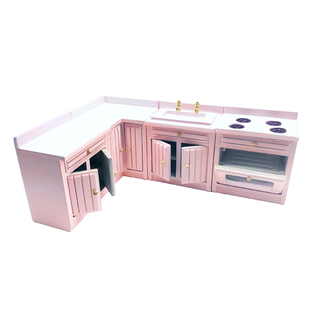 1:12 Poppenhuis Mini Houten Keukenkast Moderne Meubels Diy Roze