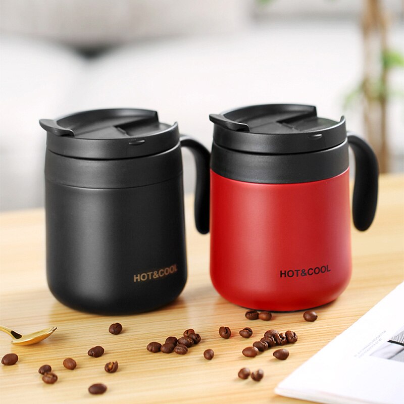 Kort kaffe termosmugg 350ml för vatten te juice isolerad kolv rostfritt stål med lock handtag kopp kontor hem