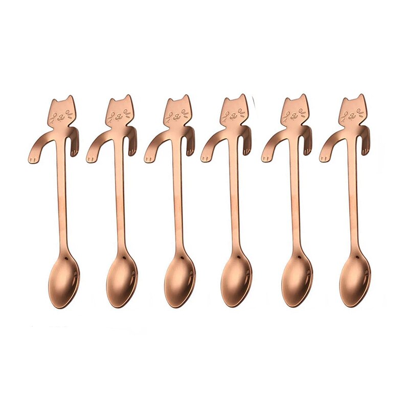 6 pcs Mini Cute Coffee Spoon 12cm 17 cm 304 Stainless Steel Cartoon Cat Spoon Teaspoon Dessert Snack Scoop Milk Spoons Tableware: Rose Gold 12cm 6 PCS
