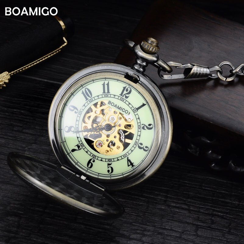 men mechanical watches antique pocket skeleton watches Roman numbers analog display copper chain BOAMIGO reloj hombre
