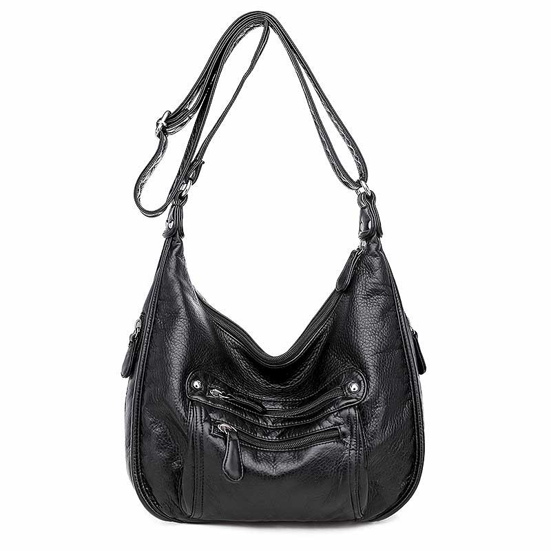 Cezira casual couro do plutônio hobos para as mulheres lavadas couro vegan funcional crossbody bolsas femininas sacos de ombro diário: BLACK