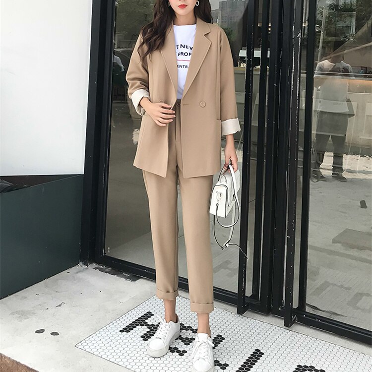 Comelsexy Autumn Winter Khaki Women Pant Suits Double Breasted Pocket Notched Blazer & Pant Office Wear Suit Female Set: S