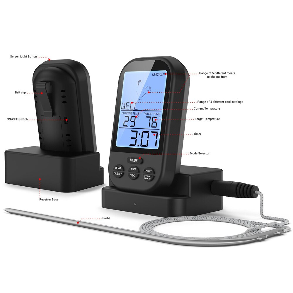 Trådlös fjärrkontroll digital termometer timer matlagning kött termometer sond kött biff bbq temperaturmätare kök matlagning verktyg