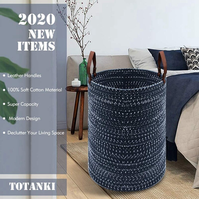 Laundry Storage Basket,Collapsible Cotton Rope Woven Basket with
