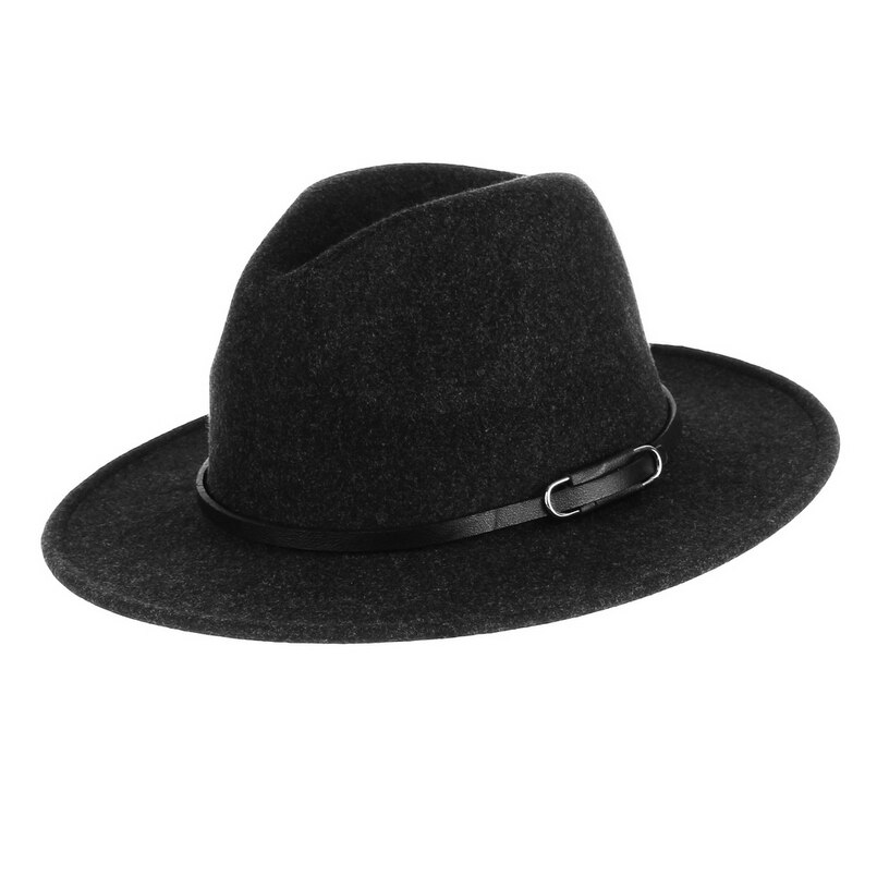 Gemvie bredskygget uld fedora filthat til kvinder varm efterår vinter panama hat jazz kasket med spænde læderbånd: Sort