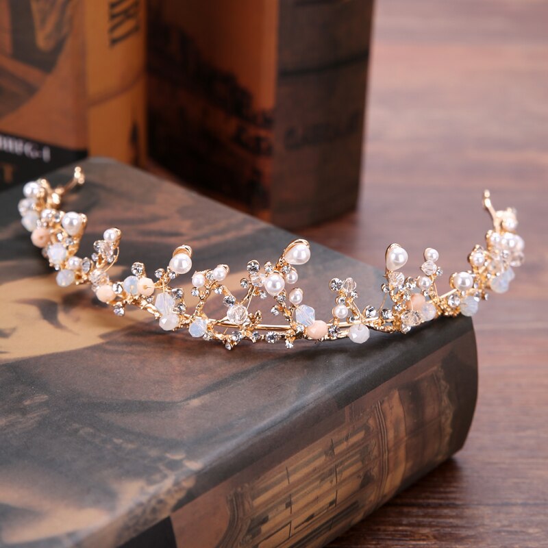 Vintage Handmade Gold Crown Bridal Headdress Pearl Rhinestone Wedding Princess Crown Bridal Hair Accessories Jewelry Accessories