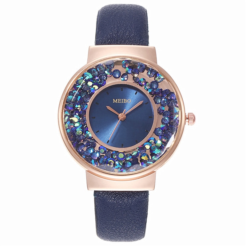 Vrouwen Horloges Luxe Rhinestone Blauw Rood Quartz Horloge Mode Dames Horloge Lederen Armband Horloges