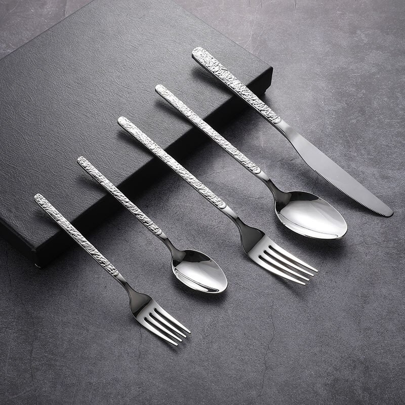 Black Cutlery Set Stainless Steel Flatware Tableware Spoons Set Forks Knives Teaspoons Stone Pattern Handle Eating Utensils Home