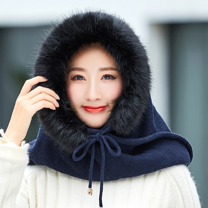 Adult Plus Velvet Hat Female Multi-Fuction Knitted Cashmere Hat Collar Set Winter Neck Warmer Hooded Earmuffs Warm Thickened