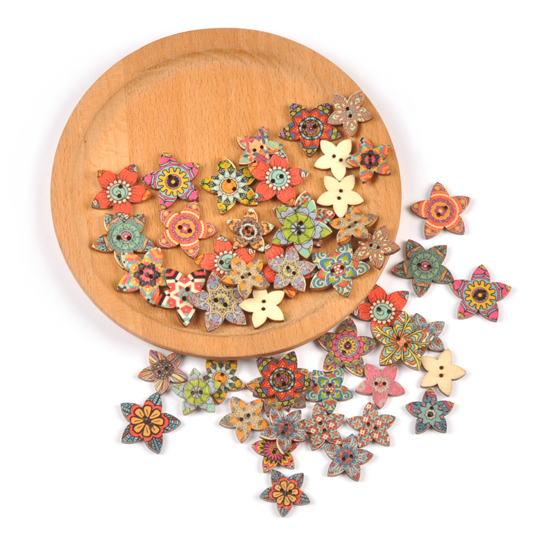 50pcs Mixed Star Buttons Flower Pattern Wooden Button 2 Holes for DIY Sewing Garmen Decoration Clothing Craft Accessories MT2269