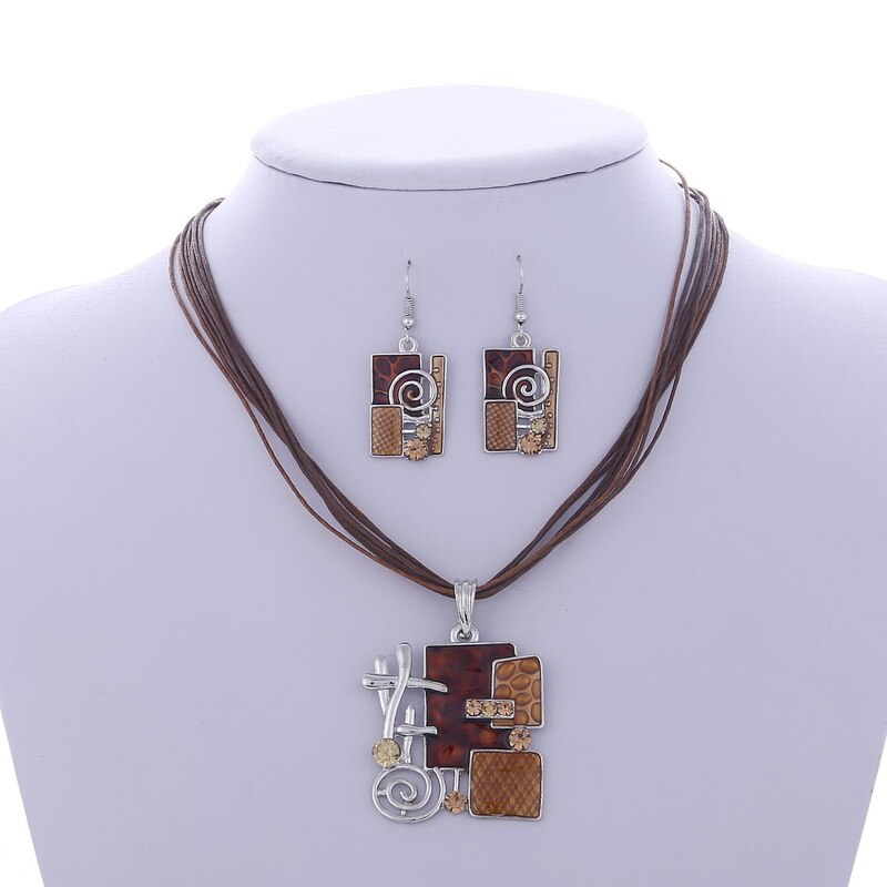 Emaille Geometrie Hanger Ketting Oorbellen Set Verzilverd Wax Touw Lagen Retro Sieraden Sets Mode Cirkel Ketting Bruiloft: 823