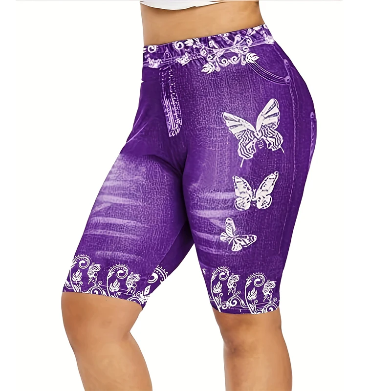High Waist Women's Leggings Comfy Faux Denim Floral Geometric Patterns Y2K Style - Perfect for Yoga Casual Wear All Seas: XXL / PURPLE