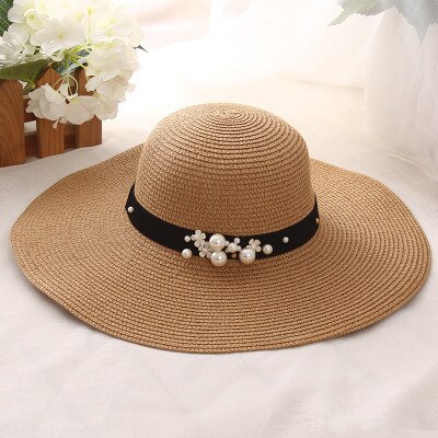 summer straw hat women big wide brim beach hat sun hat foldable sun block UV protection pearl panama hat bone chapeu feminino: Khaki