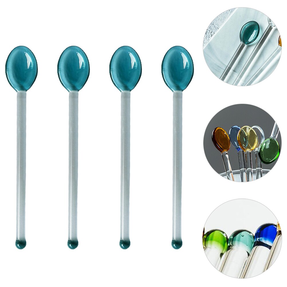 Cucharas de vidrio resistentes al calor, cuchara de café transparente de mango largo, cuchara de postre, 4 Uds.