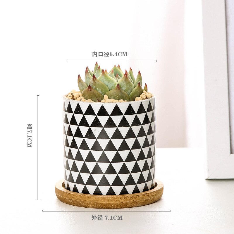 Nordic Geometric Pattern Ceramic Succulent Pot Straight Simple Black and White Home Decoration Succulent Small Potted Plant: F