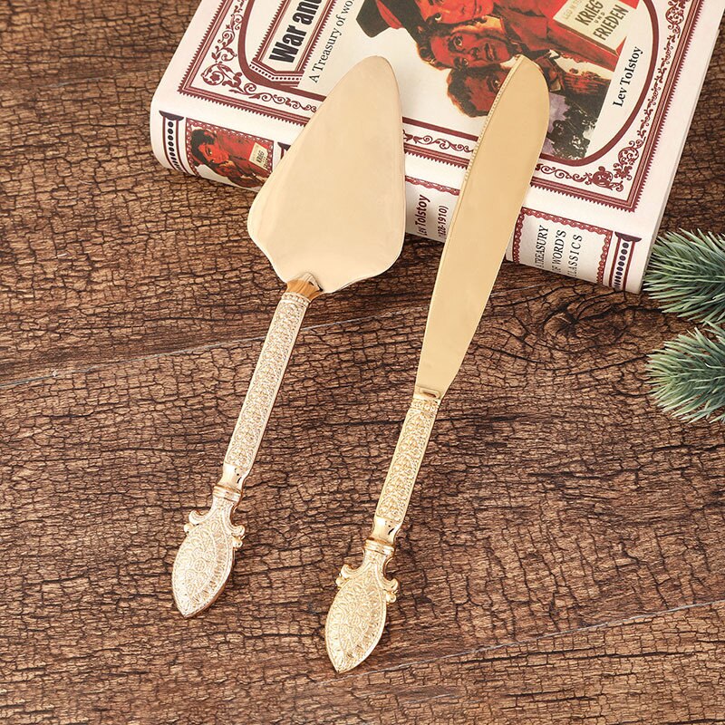 Juego de pala y cuchillo dorados para hornear, juego de cubiertos dorados con mango hueco para Pizza, pastel, postre, de cumpleaños y boda